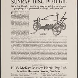 Publicity Flyer - H.V. McKay Massey Harris, Sunray Disc Plough, Sunshine, Victoria, 1934