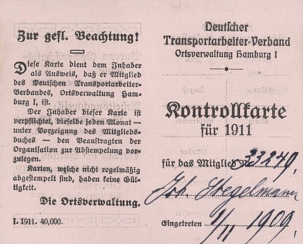 Contribution Card - Issued to J Stegelman, German Transport Workers Union, 1911