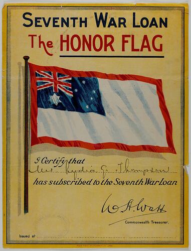 Subscriber's Certificate - 'Seventh War Loan, The Honor Flag', Treasurer W.H. Watt, Commercial Bank of Australia, Issued to Lydia G. Thompson, St Kilda, circa 1918