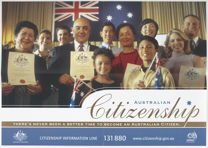 Group smiling, some hold certificates and flags. Australian flag behind them. Text below.