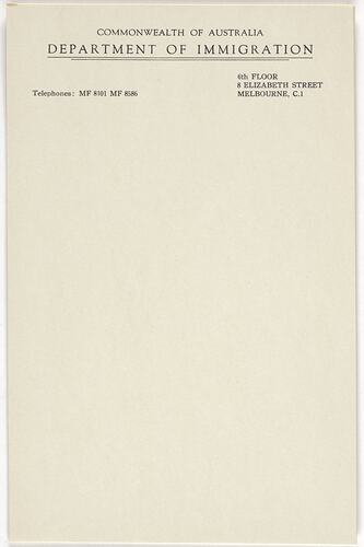 Notepaper - Department of Immigration