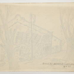 Open book page, with tracing paper above faint outlines of drawing of a house structure and trees below.