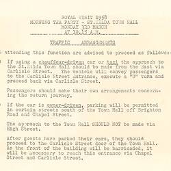 Notice - Traffic Arrangements for Royal Visit, Morning Tea Party, St Kilda, 3 Mar 1958