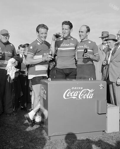 Coca-Cola, Cyclists with Refrigerator, Footscray, Victoria, Sep 1954