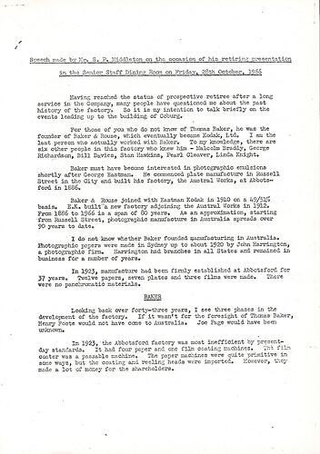 Manuscript - Kodak Australasia Pty Ltd,  S. P Middleton, Speech Given at Senior Staff Dining Room, 28 October 196666