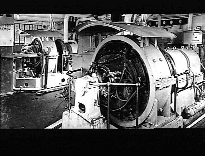 Ship interior. Two large cylindrical refrigeration machines.