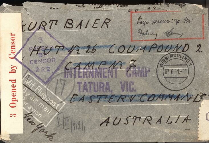 Envelope - Kurt Baier, Tatura Internment Camp, Victoria, 1941