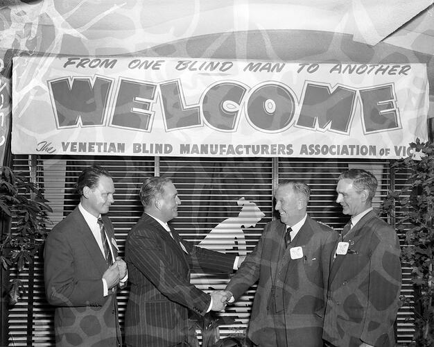 Four Men at a Venetian Blind Convention, Chevron Hotel, Melbourne, Victoria, Jul 1957
