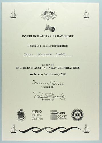 Certificate - 'Inverloch Australia Day Group', Inverloch, Victoria, 26 Jan 2000