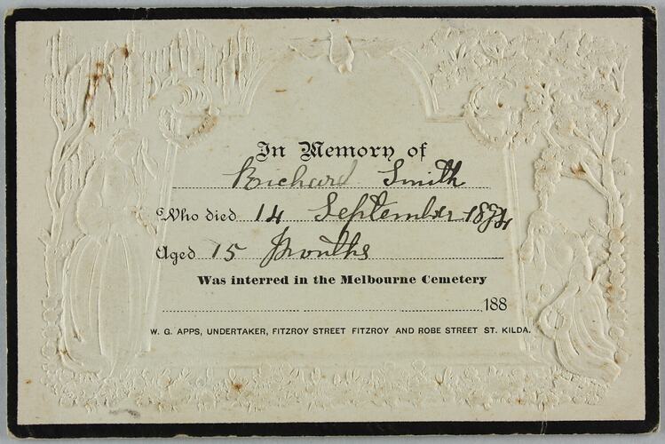 Card - Memorial Card, Richard Smith, Melbourne, 14 September 1884