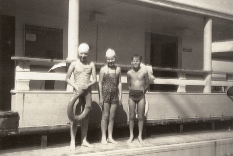 Jennifer Ward and friends, pool deck TSS 'Stratheden, November 1961