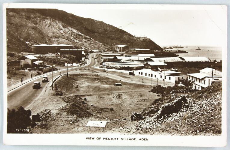 Postcard - 'View of Hedjuff Village, Aden', Ship 'New Australia', 1951
