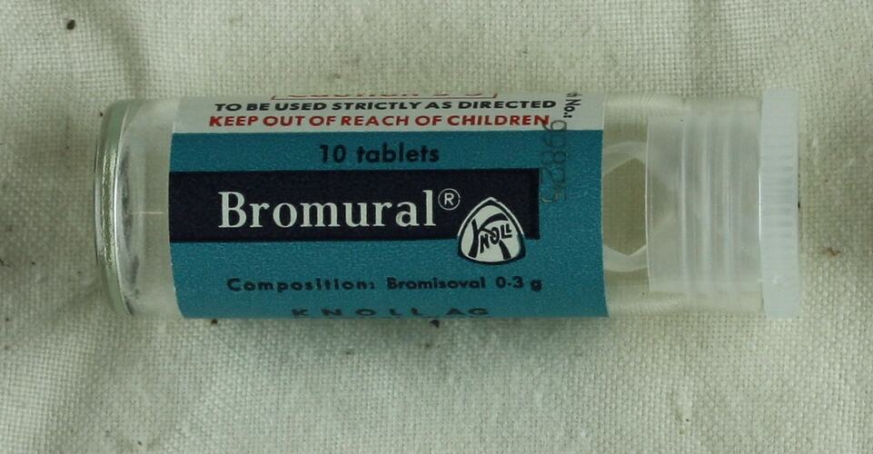 Bottle - Drug, Bromural (Bromoisovalerylcarbamide), Knoll A.G. Chemical Works, circa 1930