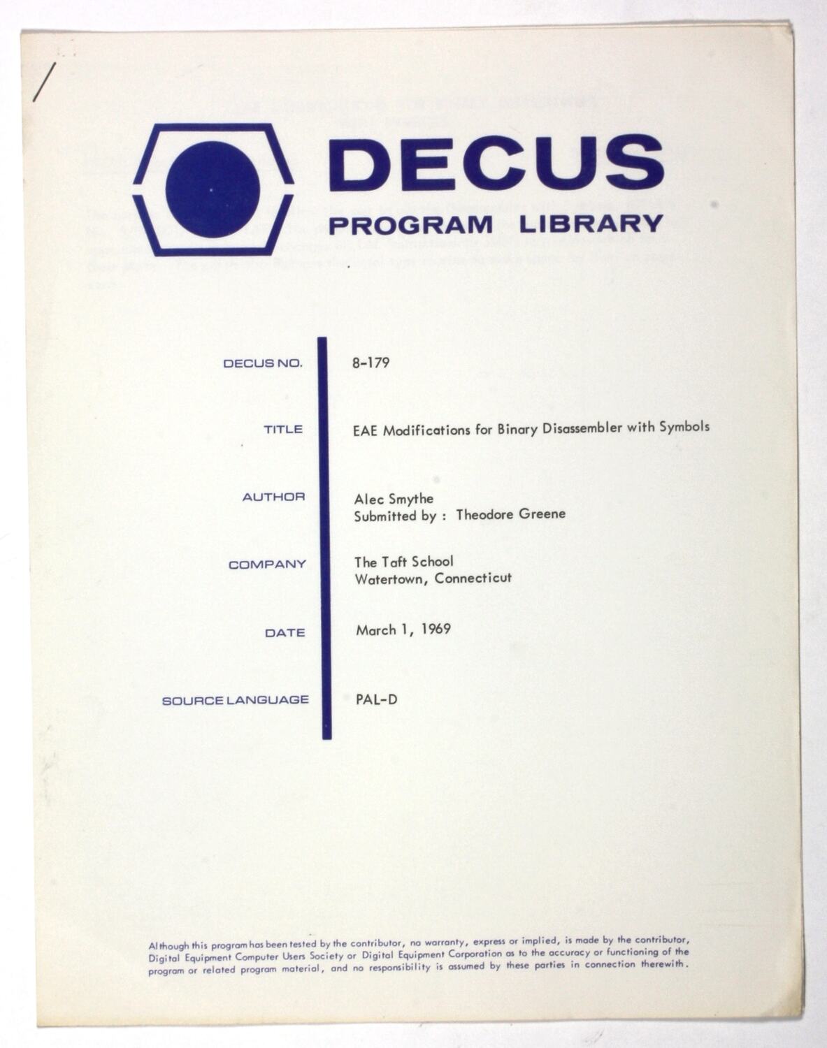 Program Library DECUS, No 8179, 1969