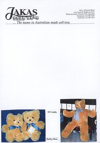 Advertising flyer - Jakas Soft Toys, Dudley Bear & Cuddle Bear, Melbourne, circa 1998