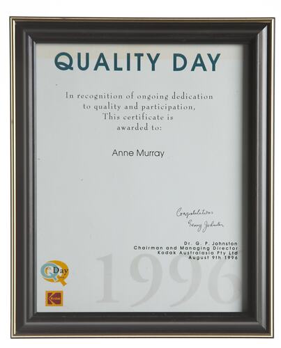 Certificate - Kodak Quality Day, Framed, 1996