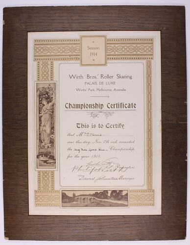 Certificate - Wirth's Bros Palais De Luxe Roller Skating Rink, Half Mile Speed Race, Mr O. Slocomb, 1914