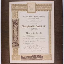 Certificate - Wirth's Bros Palais De Luxe Roller Skating Rink, Half Mile Speed Race, Mr O. Slocomb, 1914