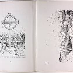 Open book page with illustration of grave on right page and multiple graves on left page.