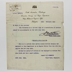 Typed certificate on South Australian Railways letterhead.