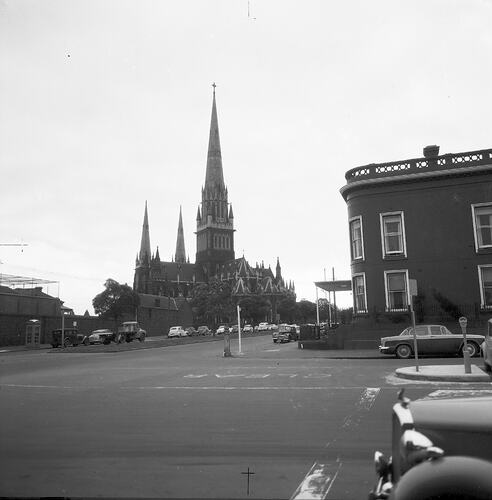 Monochrome photograph of St Patrick's Cathedral.