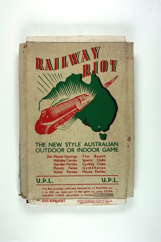 Cardboard cover with stylized train driving through outline of Australia