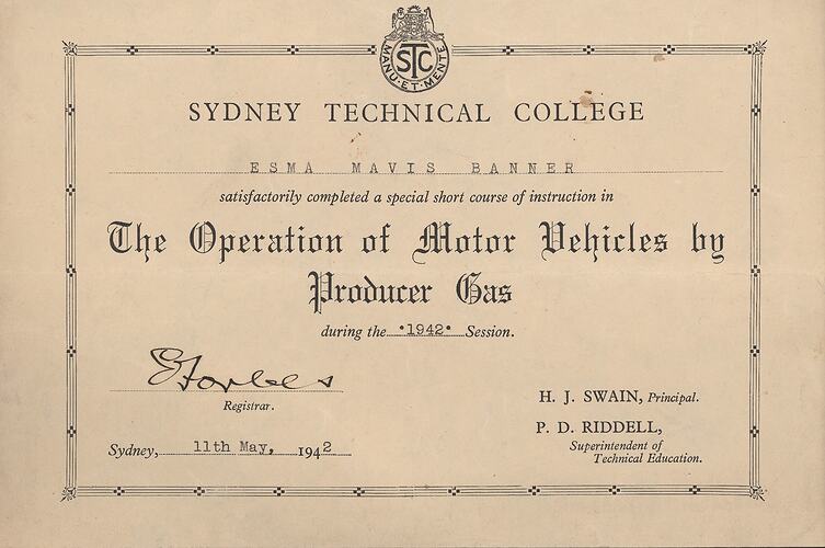 Certificate - 'Operation of Motor Vehicles', issued to Esma Banner, Sydney Technical College, 11 May 1942