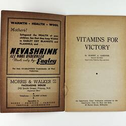 Booklet frontispiece, with advertisement on left