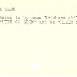 Game Index Card - Christine Brown, Compiled by Dorothy Howard, Description of Hiding Games, Oct 1954