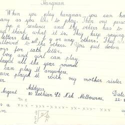 Document - Albert Argent, Addressed to Dorothy Howard, Description of Paper & Pencil Game 'Hangman', 22 Aug 1954