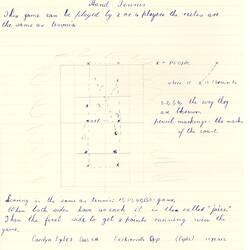 Handwritten game descriptions in blue ink on lined paper