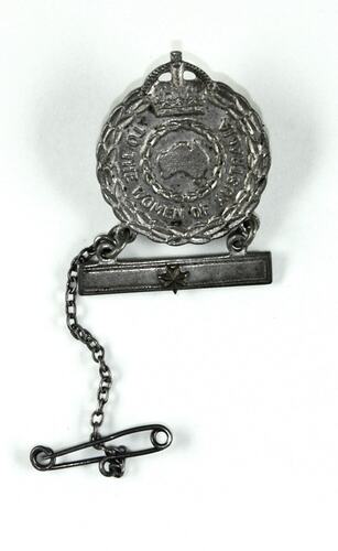 Front of circular badge with bar and pin below.