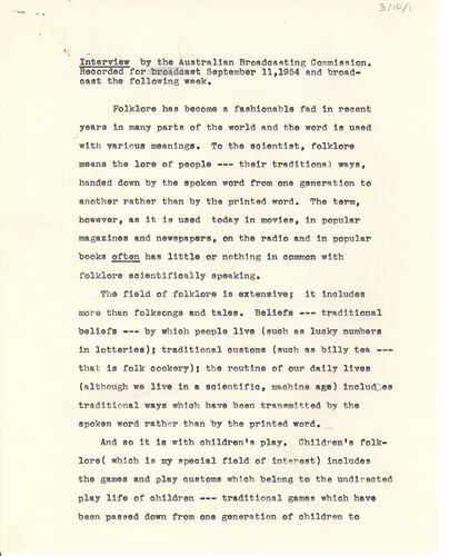 First page of a typed interview transcript in black ink on paper