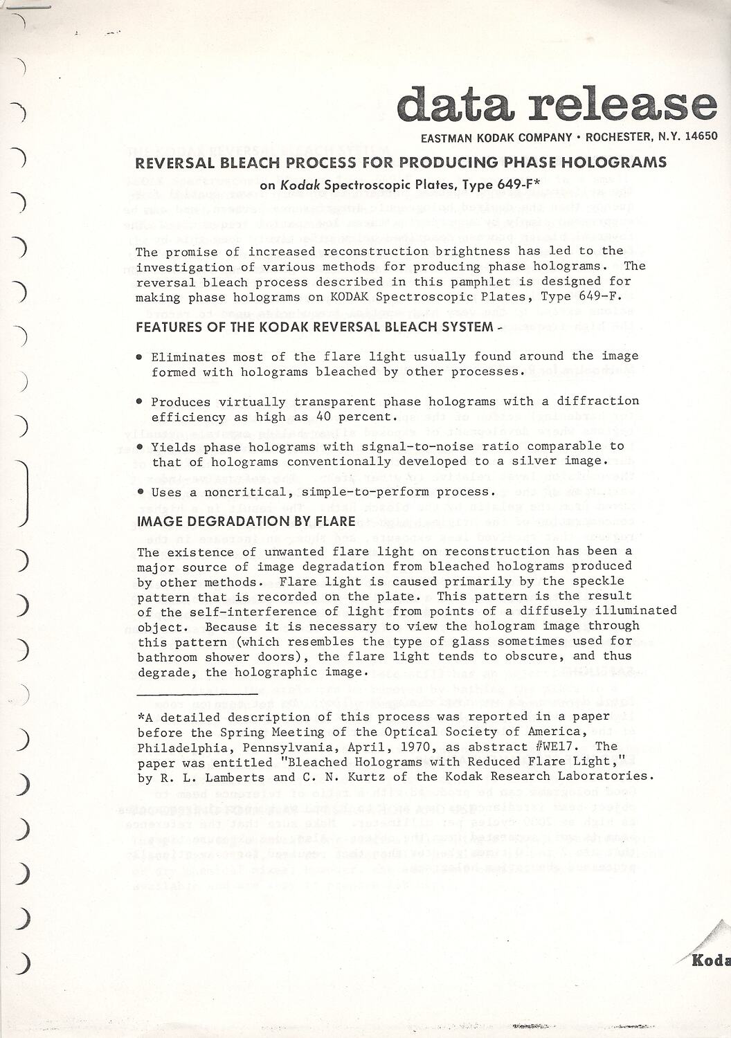 Data Sheet Eastman Kodak, Reversal Bleach Process for Producing Phase