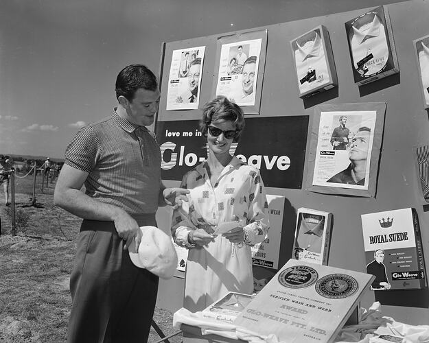 Pair in Front of Glo-Weave Display, Cranbourne Golf Club, Victoria, 05 Mar 1960