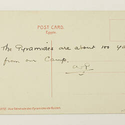 Back of postcard with printing and brief hand-written message.