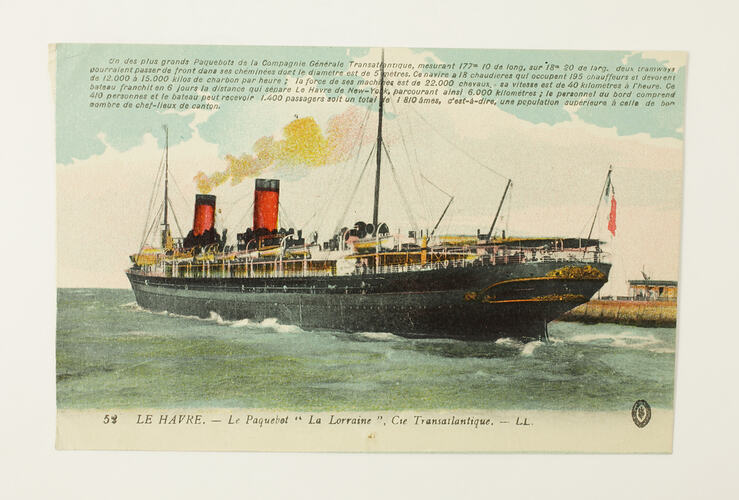 Front of postcard with coloured image of ship.