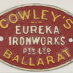 Rollingstock Builders Plate - Cowley's Eureka Ironworks Pty Ltd, Ballarat, Victoria
