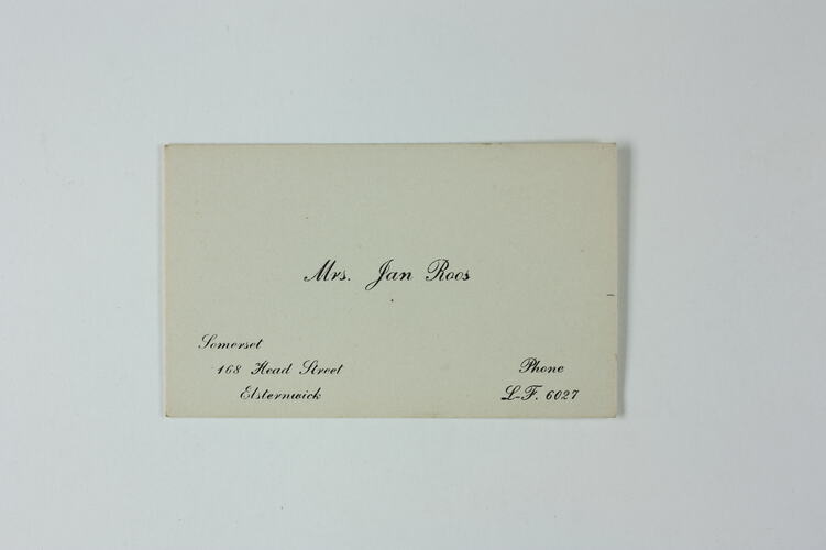 Business Card - 'Mrs Jan Roos', Elsternwick, circa 1950
