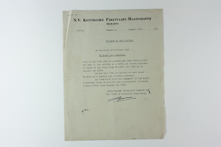 Reference - Employment, Jan Cornelis Roos, KPM, Djakarta, 13 Aug 1951
