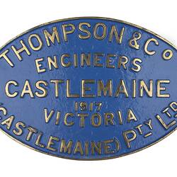 Locomotive Builders Plate - Thompson & Co. (Castlemaine) Pty Ltd, Castlemaine, Victoria, 1917