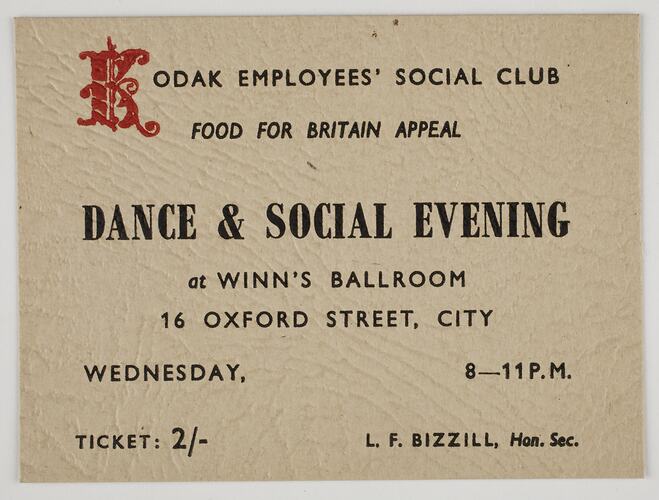 Invitation - Kodak Australasia Pty Ltd, 'Dance & Social Evening', Sydney, circa 1940's