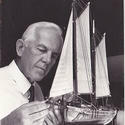 Curator Bill Sidebottom with Model Pearling Lugger, 'Mary', D67