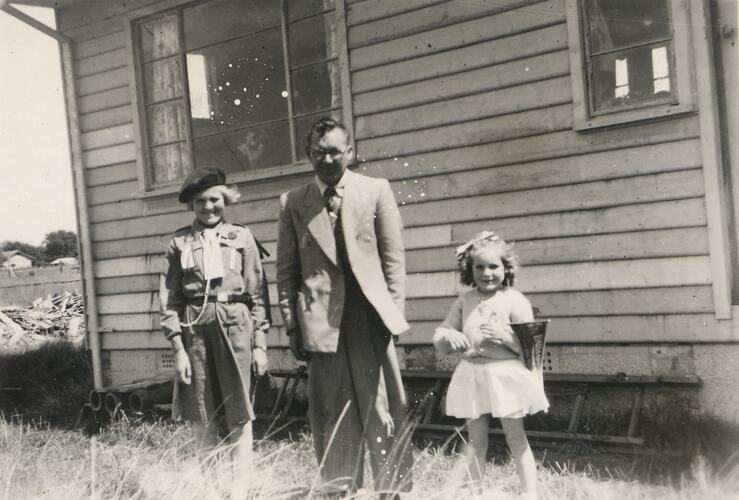 Hazel, Stan and Merle Hathaway at 29 Grammar St, Wendouree, Victoria, circa 1954