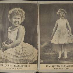 Double page of a scrapbook, two black and white images of Queen Elizabeth II as a child.