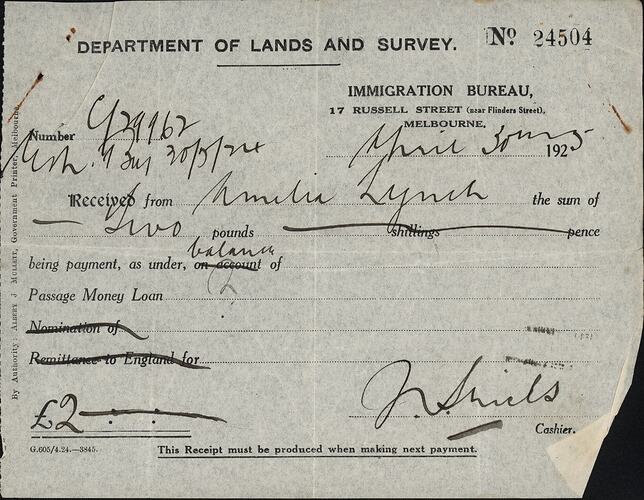 Receipt - Loan Repayment, Department of Lands and Survey, Immigration Bureau, Melbourne 30 Apr 1925