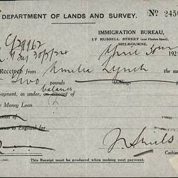 Receipt - Loan Repayment, Amelia Lynch, Department of Lands and Survey, Immigration Bureau, Melbourne 30 Apr 1925