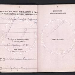 Open passport with two white pages with printed pattern. Printed and handwritten text.