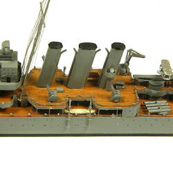 Naval ship with two masts, detail of centre of deck.