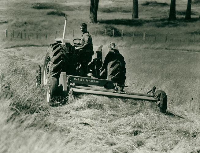 Man driving a tractor coupled to a hay condtioner in a field.